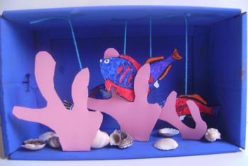 Cardboard box aquarium with paper fish, cardboard box crafts for kids